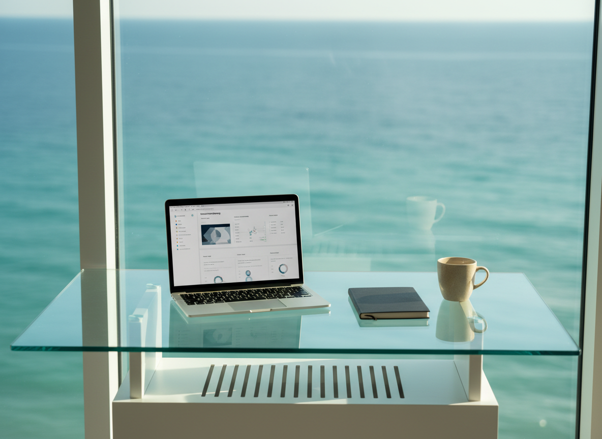 A sleek, minimalist glass desk overlooking a calm Adriatic seascape through a floor-to-ceiling window, the water a gradient of deep turquoise to soft teal. On the desk rests an open, ultra-thin silver laptop displaying a clean digital marketing dashboard, beside a slim black notebook and a single sand-colored ceramic cup. Soft morning sunlight reflects off the gentle ripples outside, casting refined, linear shadows across the desk’s matte white surface. Photographic realism with a clean, modern aesthetic, shot at eye level using the rule of thirds, with the sea in soft focus. The mood is sophisticated, strategic, and serene, conveying a female-owned digital agency crafting quietly powerful seaside brands.