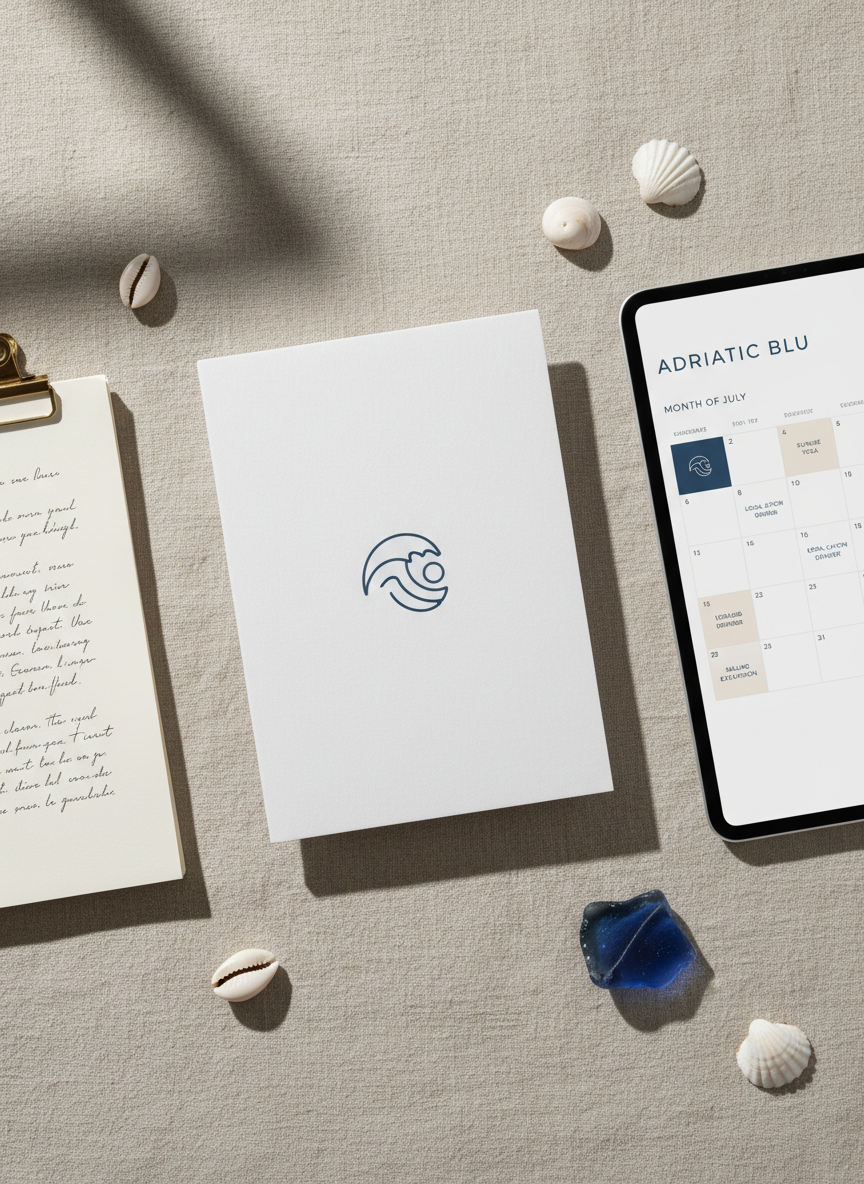 A flat lay composition of carefully arranged branding materials for a boutique seaside hotel, set on a pale sand-colored linen backdrop. There is a minimalist logo concept on thick textured white cardstock, a refined social media content calendar on a tablet, and neatly stacked copywriting drafts clipped with a brushed brass clip. Small seashells and a fragment of Adriatic blue sea glass add subtle coastal accents without feeling rustic. Soft diffused daylight from the left creates gentle shadows and emphasizes paper textures. Shot from a bird’s-eye view with photographic realism and a restrained color palette of white, sand, slate, and deep sea blue. The atmosphere is meticulous, editorial, and quietly luxurious, echoing a journalist-led storytelling studio.