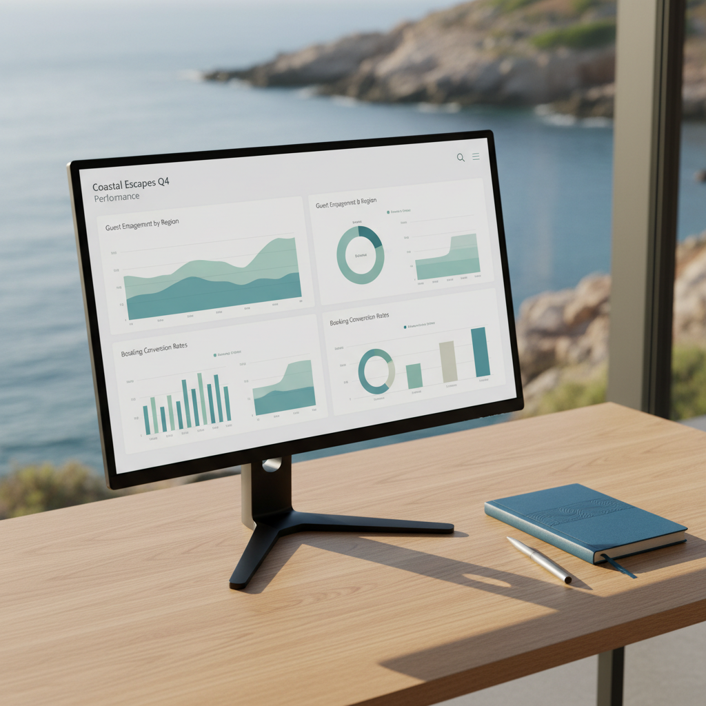 A streamlined, high-resolution computer monitor on a matte black stand displaying a sophisticated analytics dashboard for a tourism campaign, with clean graphs in muted sea-inspired tones. The monitor sits on a light oak desk beside a single Adriatic blue notebook and a slim silver pen. Through a distant window, the suggestion of a rocky coastline and sparkling water appears softly blurred. Late afternoon natural light casts a warm, golden glow across the workspace, creating subtle reflections on the screen and soft shadows under the monitor. Photographic realism with a minimalist composition, shot from a slightly elevated three-quarter angle, sharp focus on the screen. The mood is analytical yet creative, representing precise digital marketing performance for coastal destinations.